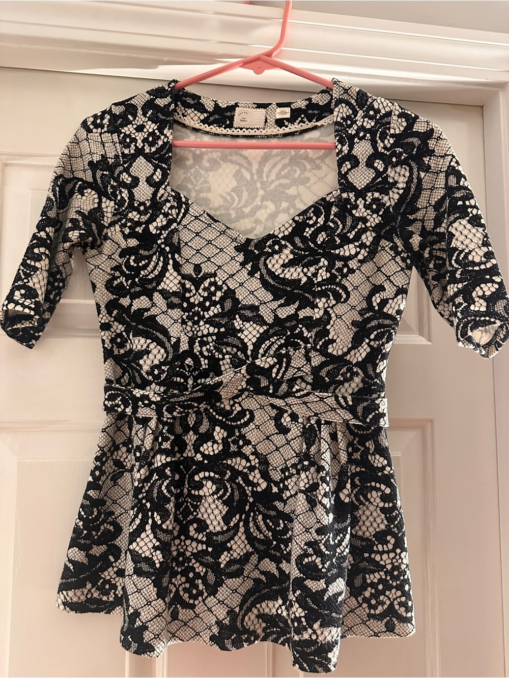 Anthropologie Postmark Black and Cream Lace-Pattern Peplum Top